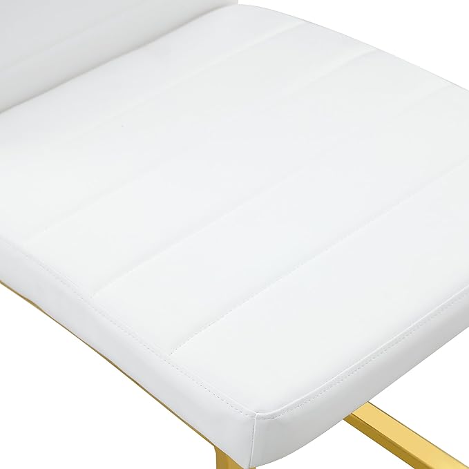 Modern Dining Chairs Set of 4, White Faux Leather Kitchen Chairs, Upholstered Armless Dining Room Chair with Gold Mental Legs Heavy Duty, Comfortable (White and Gold, Set of 4)
