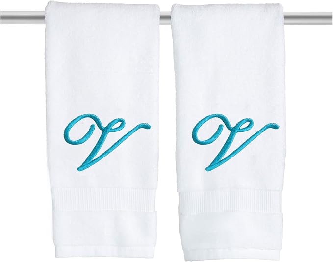 White Monogrammed Hand Towels for Bathroom - Luxury Hotel Quality Personalized Initial Embroidered Towel for Powder Room, Spa - GOTS Organic Certified - Set of 2 Teal Letter V