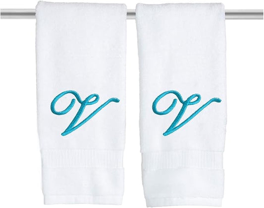 White Monogrammed Hand Towels for Bathroom - Luxury Hotel Quality Personalized Initial Embroidered Towel for Powder Room, Spa - GOTS Organic Certified - Set of 2 Teal Letter V