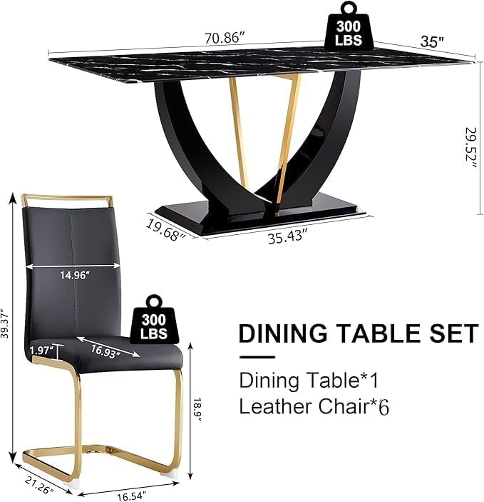 71" Dining Table Set for 6, Black Faux Marble Dining Room Table Set for 6, Large Rectangular Kitchen Table Set and PU Leather Chairs,Tempered Glass Glossy Table with Golden Leg