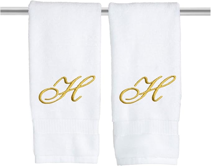White Monogrammed Hand Towels for Bathroom - Luxury Hotel Quality Personalized Initial Embroidered Towel for Powder Room, Spa - GOTS Organic Certified - Pack of 2 Gold, Letter H