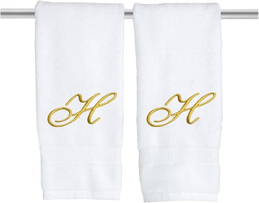White Monogrammed Hand Towels for Bathroom - Luxury Hotel Quality Personalized Initial Embroidered Towel for Powder Room, Spa - GOTS Organic Certified - Pack of 2 Gold, Letter H