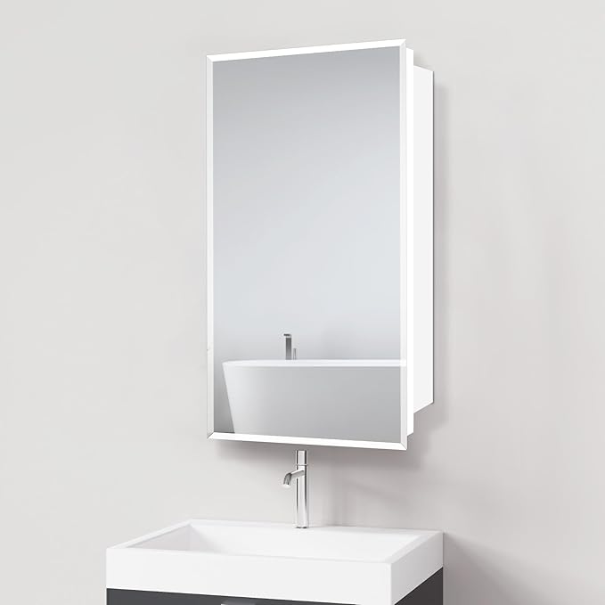 Medicine Cabinet with Mirror 16x26 inch, Recessed Medicine Cabinet or Surface Wall Mount Plastic Bathroom Cabinets with Removable Shelves, Beveled Edge Mirror Cabinet