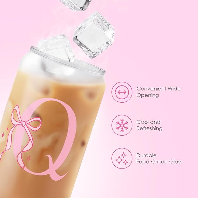 SANDJEST Monogrammed Glass Drinking Can Cup with Acrylic Lid and Straw, Personalized Frosted Iced Coffee Tumbler 16oz, Monogram Initial Gifts for Women Girls on Birthday (Q)