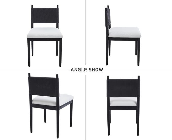 CIMOTA Black Dining Chairs Set of 2, Mid Century Modern Upholstered Dining Room Chairs with Woven Back, Armless Kitchen Chairs with Solid Wood Legs,Linen Beige