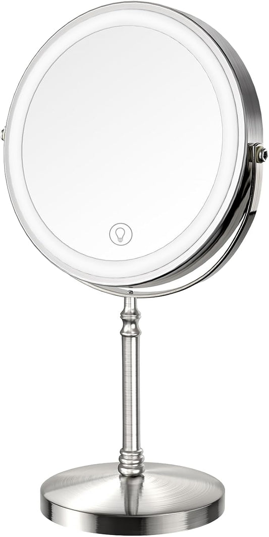 Lighted Makeup Mirror, 3000 mAh Rechargeable Double Sided Magnifying Vanity Mirror with 3 Colors, 1x/10x, 360° Rotation , Brightness Adjustable Magnification Cosmetic Light up Mirror, Women Gift