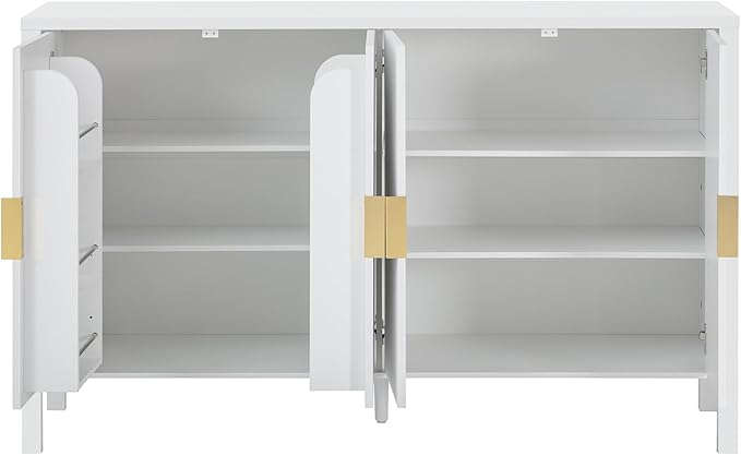 57.5'' Modern Console Table Sofa Table with Storage Racks & Side Hooks, Accent Stripe 4-Door Buffet Sideboard Serving Storage Cabinet with Adjustable Shelves for Living Room Kitchen (White-NEW)