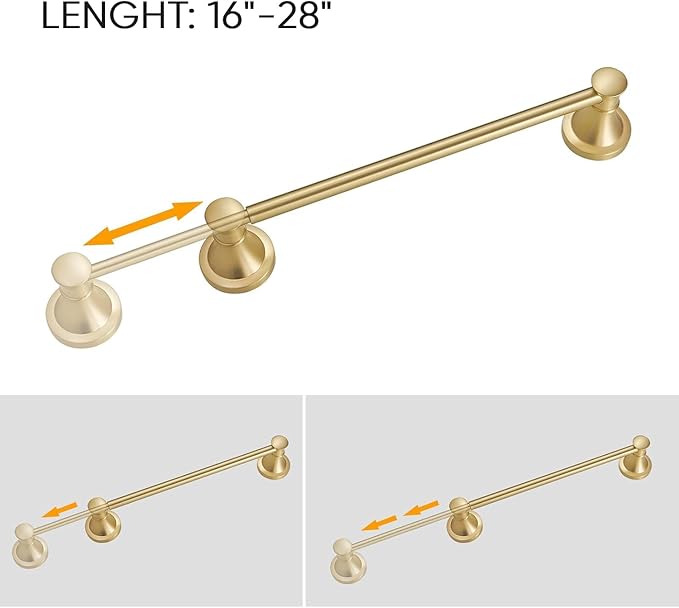 BESy Adjustable Bronze 16 to 28 Inch Bath Towel Bar Rack for Bathroom Towel Holder, Wall Mounted Towel Bar Rod Hanger Bathroom Hardware Accessories Hotel Style, Stainless Steel, Brushed Gold