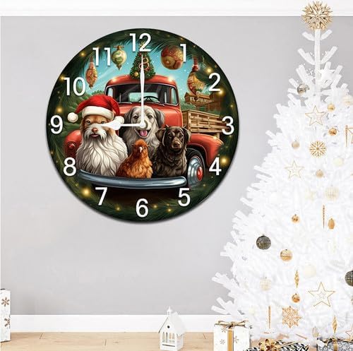 Christmas Dogs Chicken Truck Wall Clock Large Silent Non-Ticking Battery Operated Modern Clocks for Living Room Decor/Bedroom/Office (12x12 in)