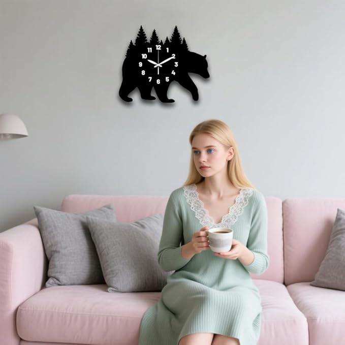 CHGCRAFT Bear Carrying Forest Pattern Wall Clock 15.2 Inch Wood Grain Non-Ticking Irregular Shape Clocks Wall Hanging Clock Battery Operated for Bedroom Living Room Kitchen Office