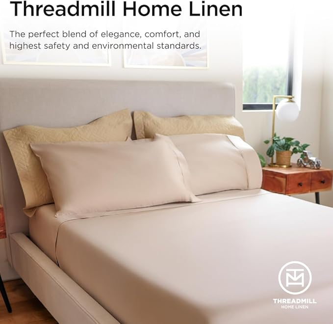 Threadmill 100% Cotton Sheets for Queen Size Bed - 600 Thread Count Queen Bed Sheets Set with 16” Deep Pocket - Sateen Weave 4-Piece Bedding Set with Cooling Effect, Beige