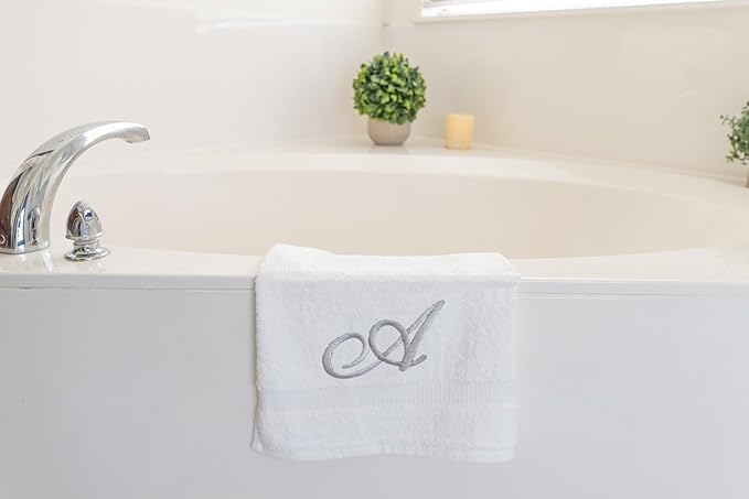White Monogrammed Hand Towels for Bathroom - Luxury Hotel Quality Personalized Initial Embroidered Towel for Powder Room, Spa - GOTS Organic Certified - Pack of 2 Silver, Letter A