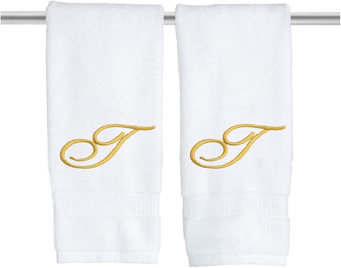 White Monogrammed Hand Towels for Bathroom - Luxury Hotel Quality Personalized Initial Embroidered Towel for Powder Room, Spa - GOTS Organic Certified - Set of 2 Gold Letter T