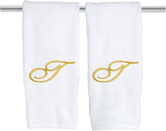 White Monogrammed Hand Towels for Bathroom - Luxury Hotel Quality Personalized Initial Embroidered Towel for Powder Room, Spa - GOTS Organic Certified - Set of 2 Gold Letter T