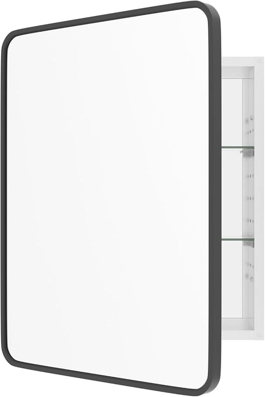 WallBeyond Bathroom 22x28 Inch Black Recessed Medicine Cabinet with Round Corner Aluminum Alloy Metal Framed, Single Door Modern Medicine Cabinet with Storage