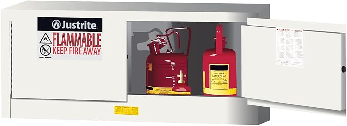 Justrite 12 Gallon Manual Close Piggyback Flammable Storage Cabinet, 18 Gauge Steel, 2 Door Fire Cabinet, 18" x 43" x 18", Made in The USA, White, 891305