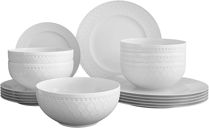 Yoshy Bone China Dinnerware with Lightweight Durable Chip Resistant Design Service for 4 (18 Piece - Service for 6, Interlace)