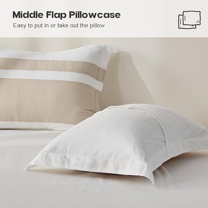 Simple&Opulence French Linen Duvet Cover Set with Stripe 104”x92”, 3 Pieces(1 Comforter Cover and 2 Pillow Shams) Rustic Natural Flax Cotton Blend(King,White and Linen)