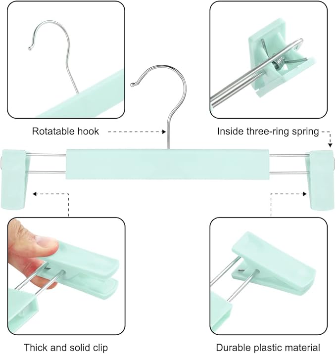 Clothes Pants Hangers, Space-Saving Skirt Holders with 360 ° Swivel Hooks, Adjustable Clips, Trouser Hangers, Clothes Coat Garment Jeans Hangers (30 Pack, Green)