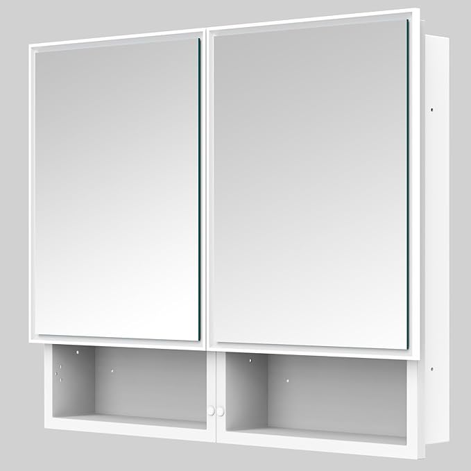 32x26 InchMedicine Cabinet with Mirror, Bathroom Mirrored Cabinet with Double Doors, Extra Storage Space, Bevel Mirror Wall Cabinet, Recessed or Surface Mount