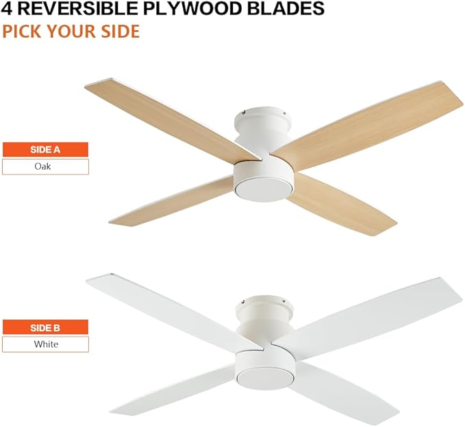 WINGBO 44" Flush Mount DC Ceiling Fan without Lights, 4 Reversible Blades in White/Oak Finish, Ultra Quiet 6-Speed DC Motor, Hugger Low Profile Ceiling Fan No Lights for Bedroom, Indoor/Outdoor Use