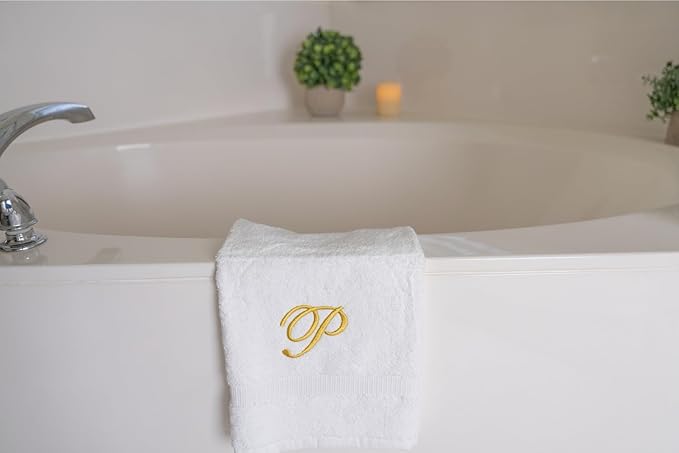 White Monogrammed Hand Towels for Bathroom - Luxury Hotel Quality Personalized Initial Embroidered Towel for Powder Room, Spa - GOTS Organic Certified - Pack of 2 Gold, Letter P