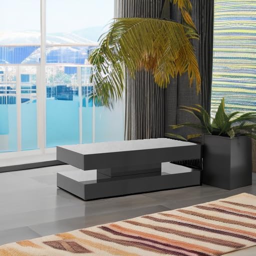 Uspeedy 47.3in Large High Glossy LED Coffee Table with 2 Storage Drawers,Black/White Modern Coffee Tables for Living Room,Living Room Tables,APP LED Lights (Black)