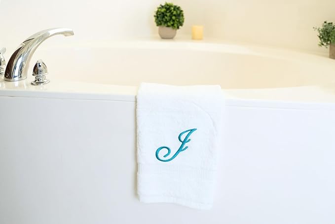 White Monogrammed Hand Towels for Bathroom - Luxury Hotel Quality Personalized Initial Embroidered Towel for Powder Room, Spa - GOTS Organic Certified - Set of 2 Teal Letter J