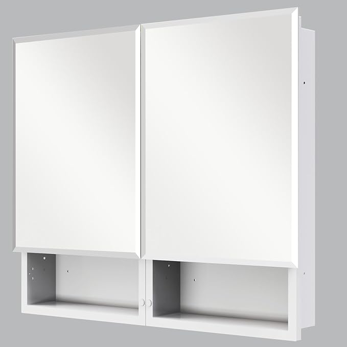 Medicine Cabinet with Mirror, 32x26 Inch Bathroom Mirrored Cabinet with Double Doors, Extra Storage Space, Bevel Mirror Wall Cabinet, Recessed or Surface Mount