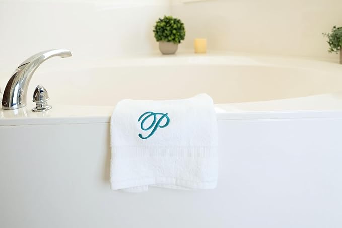 White Monogrammed Hand Towels for Bathroom - Luxury Hotel Quality Personalized Initial Embroidered Towel for Powder Room, Spa - GOTS Organic Certified - Set of 2 Teal Letter P