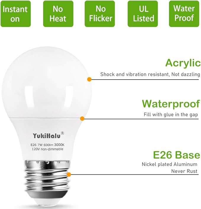 YukiHalu A15 LED Light Bulbs, 60W Equivalent, E26 Base, 2700K/3000K/5000K White, 7W 600 Lumens 120V, UL Listed, Ceiling Fan Light Bulbs, Appliance Bulb, Not Dimmable, Pack of 6 (2700K Soft White)