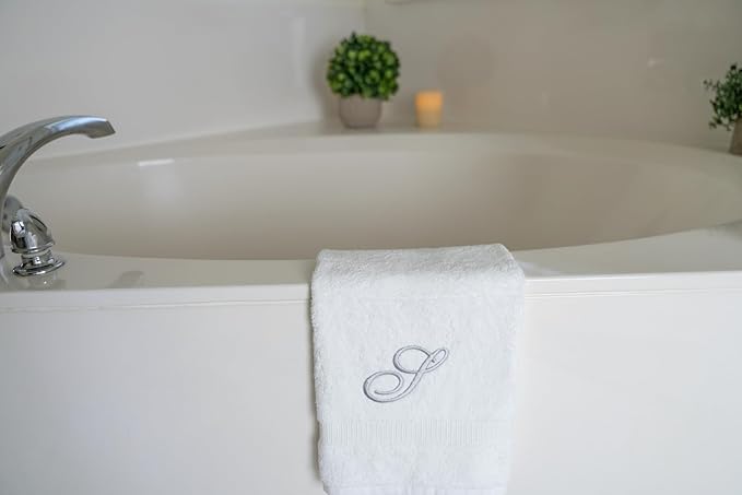 White Monogrammed Hand Towels for Bathroom - Luxury Hotel Quality Personalized Initial Embroidered Towel for Powder Room, Spa - GOTS Organic Certified - Pack of 2 Silver, Letter S