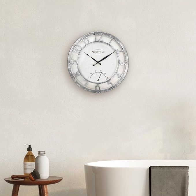 Presentime & Co 13" Farmhouse Outdoor Wall Clock w/Outdoor Thermometer, Farmhouse Style, Raised 3D Arabic Numerals, Faux Galvanized Finish (Wall Clock for Patio, Cottage, Poolside, Garden Spaces)