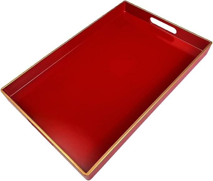 Large Red Rectangular Decorative Tray – Plastic Serving Tray with Handles for Coffee Table, Ottoman, Living Room, 15.7” x 11.8” x 1.6