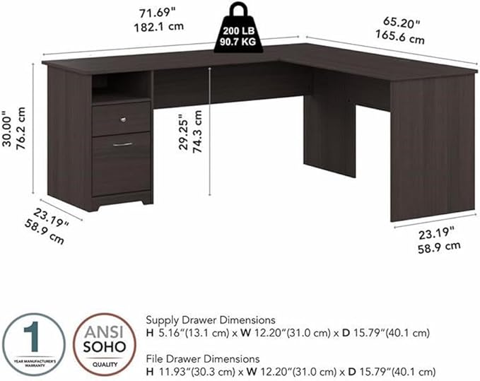 Bush Furniture L Shaped Desk with Drawers for Executive and Home Office | Cabot Collection Corner Table with Storage and Chrome Hardware | 72Wx23DX42W Return