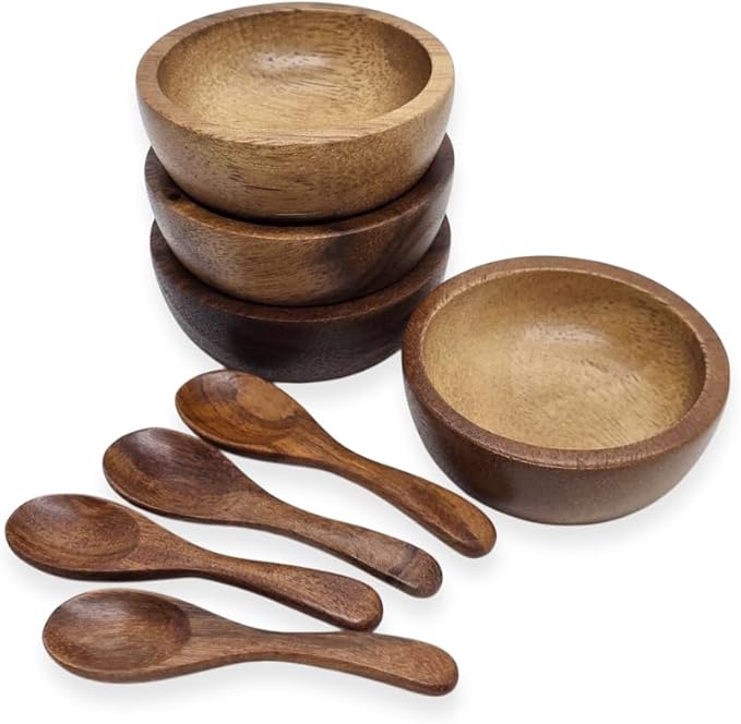 Set of 4 Small Round Acacia Wooden Bowls 2¾ Inch Diameter With Spoons - Stackable Mixing Bowl for Salad Soup Snack Salsa Dip Sauce Charcuterie Wood Tableware Sets for Decor and Serving