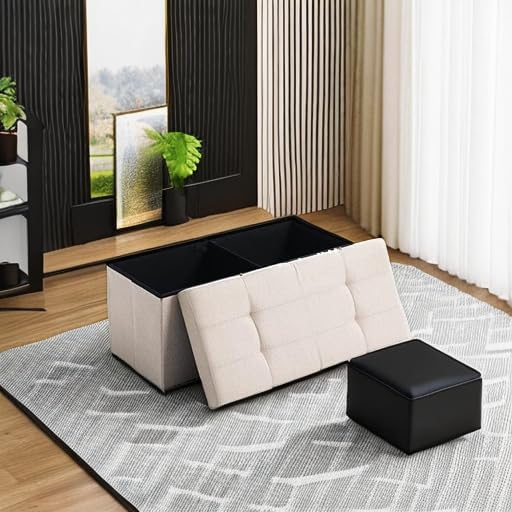 Cuyoca Foldable Seat Footrest Shoe Bench End of Bed Storage with Flipping Lid, 75L Storage Space, 30 inches Linen Fabric Beige