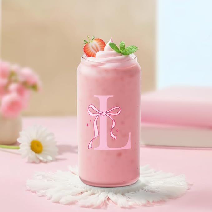 SANDJEST Monogrammed Glass Drinking Can Cup with Acrylic Lid and Straw, Personalized Frosted Iced Coffee Tumbler 16oz, Monogram Initial Gifts for Women Girls on Birthday (L)