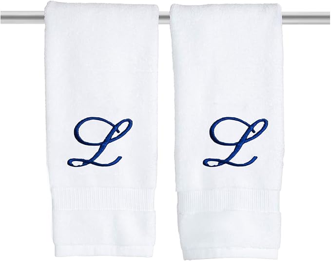 White Monogrammed Hand Towels for Bathroom - Luxury Hotel Quality Personalized Initial Embroidered Towel for Powder Room, Spa - GOTS Organic Certified - Set of 2 Navy Letter L
