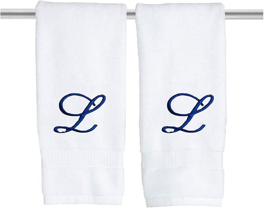 White Monogrammed Hand Towels for Bathroom - Luxury Hotel Quality Personalized Initial Embroidered Towel for Powder Room, Spa - GOTS Organic Certified - Set of 2 Navy Letter L