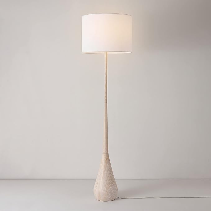 GLOBE Electric 65" Floor Lamp, Wood-Toned Finish, White Cotton Shade, Japandi Style, E26 Base, On/Off Rotary Switch, 5-Ft Cord, 52112