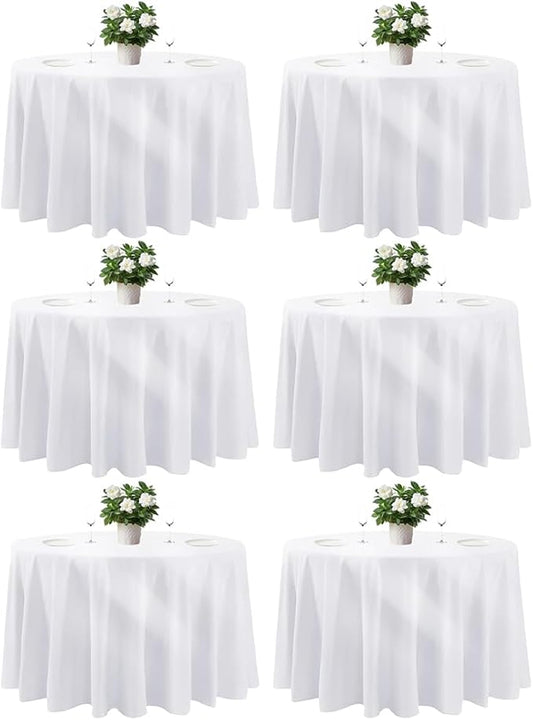 Cuckan 120 Inch Round Tablecloth, 6 Pack White Stain Resistant and Wrinkle-Free Polyester Table Cover for Wedding, Banquet, Party, Restaurant– [White], [6-Pack]