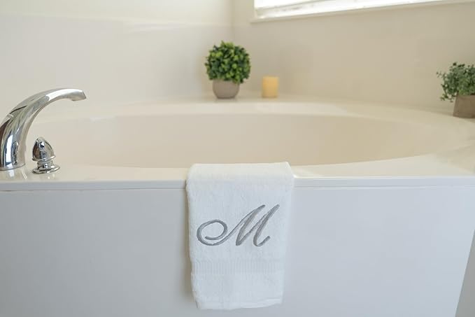 White Monogrammed Hand Towels for Bathroom - Luxury Hotel Quality Personalized Initial Embroidered Towel for Powder Room, Spa - GOTS Organic Certified - Pack of 2 Silver, Letter M