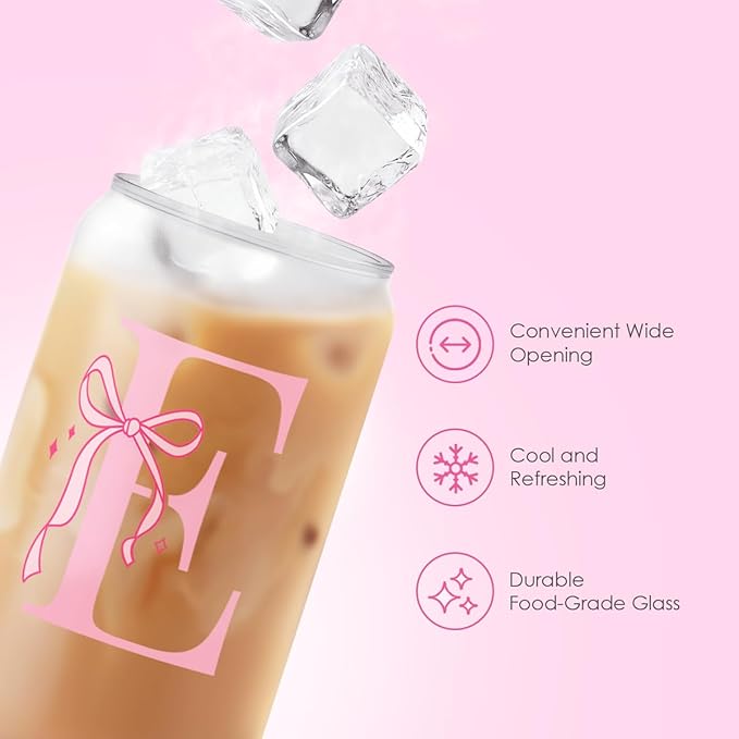 SANDJEST Monogrammed Glass Drinking Can Cup with Acrylic Lid and Straw, Personalized Frosted Iced Coffee Tumbler 16oz, Monogram Initial Gifts for Women Girls on Birthday (E)