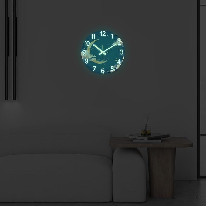 14 Inch Moon Clock for Kids Bedroom Small Glow in The Dark Wall Clock Battery Operated Analog Silent Wall Clock Non Ticking