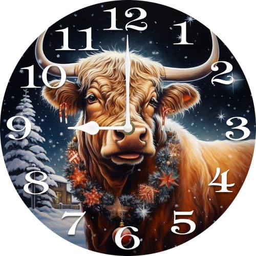 Cow with Christmas Wall Clock Large Silent Non-Ticking Battery Operated Modern Clocks for Living Room Decor/Bedroom/Office (10x10 in)