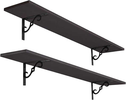 DINZI LVJ Long Wall Shelves, 47.3" Large Floating Shelves Set of 2, Farmhouse Display Shelf Wall Mounted with Heavy Duty Brackets, Easy Assembly for Kitchen, Bathroom, Bedroom, Balcony, Espresso