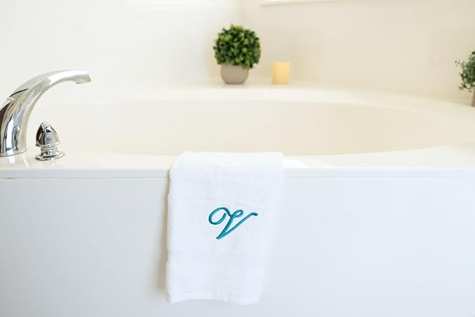 White Monogrammed Hand Towels for Bathroom - Luxury Hotel Quality Personalized Initial Embroidered Towel for Powder Room, Spa - GOTS Organic Certified - Set of 2 Teal Letter V