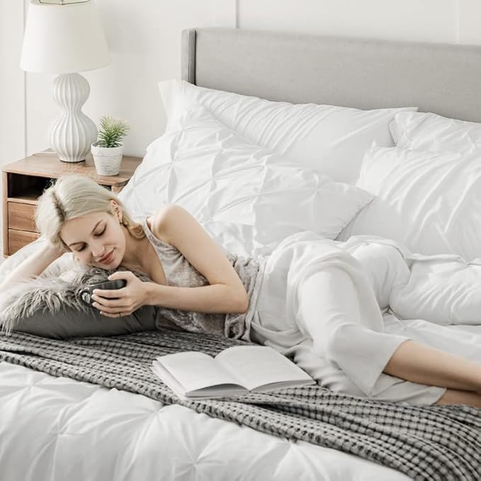 Bedsure King Size Comforter Set White - Bed in a Bag Bedding Set 7 Pieces, GentleSoft™ Pintuck Bed Set Gift for Family, Pinch Pleat White Comforter with Sheets, Pillowcases & Shams