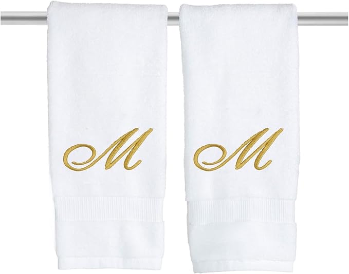 White Monogrammed Hand Towels for Bathroom - Luxury Hotel Quality Personalized Initial Embroidered Towel for Powder Room, Spa - GOTS Organic Certified - Pack of 2 Gold, Letter M
